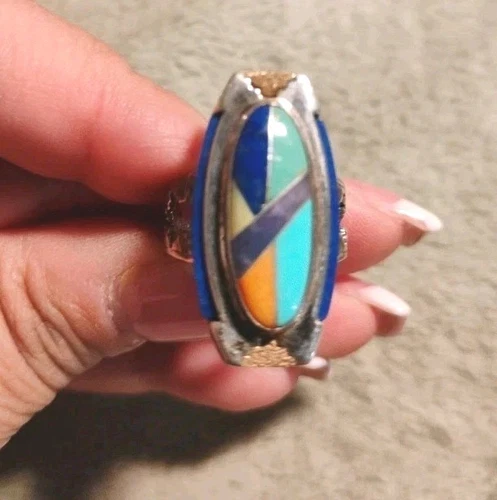 Vtg Carolyn Pollock Relios Ster Silver, 14K, Turquoise Mosaic Stones Size 8 Ring