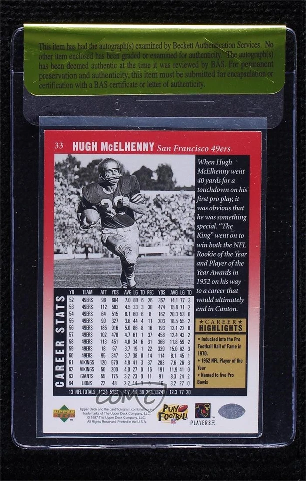 BAS 1997 Upper Deck NFL Legends Hugh McElhenny #33 Authentic Auto HOF - Image 2 of 2
