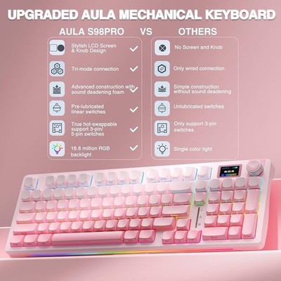 AULA S98 Pro Wireless Mechanical Keyboard with Screen & Knob,2.4