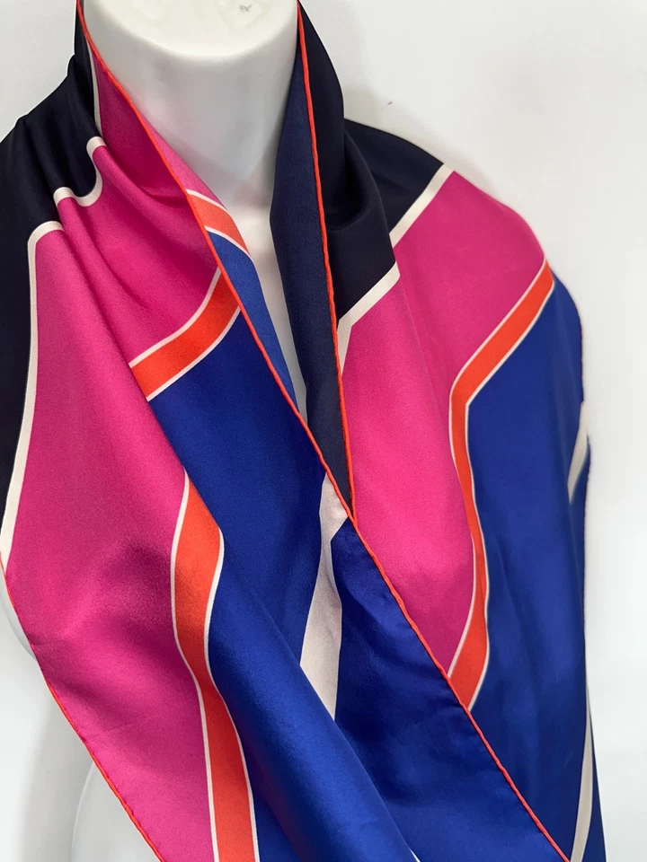 Talbots Bufanda Seda Cuadrada Rectángulo Azul Rosa Raya Geométrica 10x66 pulgadas Foto 3 de 4