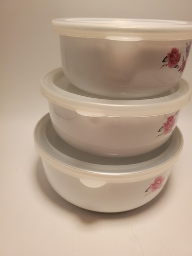Vtg 6 Pc Set Nesting Bowls/Lids Porcelain Enamelware Metal Rose Floral 6.75”6”5” - Picture 4 of 9