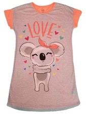 Girls Neon Orange Gray Koala Love Hearts Pajamas Sleep Shirt Nightgown