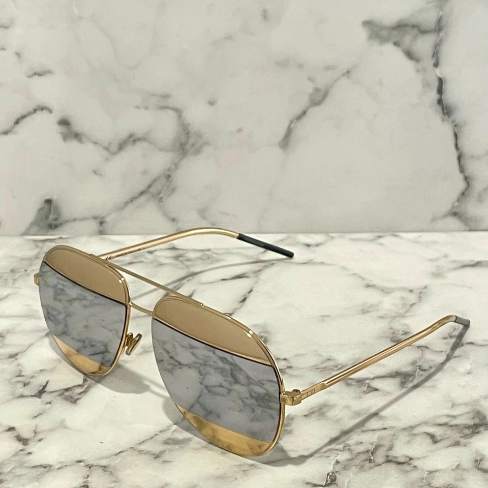 DIOR Split 1 Gold & Grey Aviator Mirrored Gold Sunglasses 000DC 59-14 145 - Imagem 4 de 4