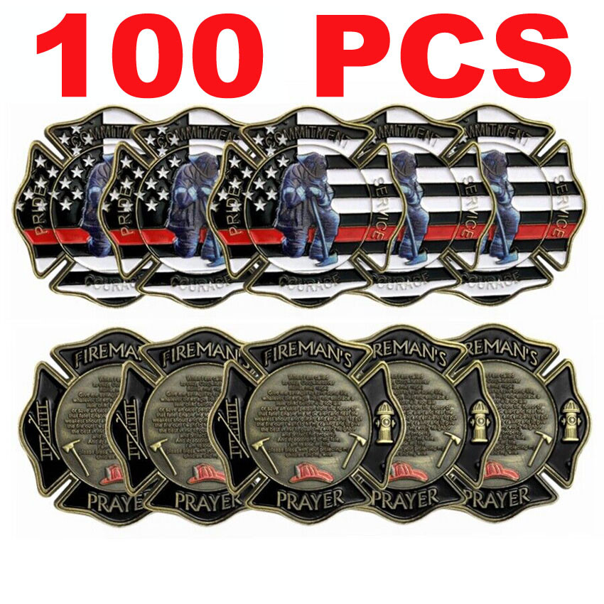 100PCS Challenge Coin Thin Red Line US Flag Firefighter Prayer Irregular Coin