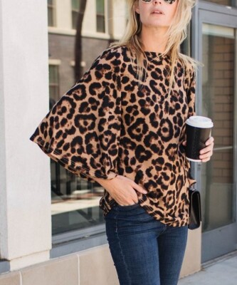 Brown Leopard Print Boatneck Top, Flutter Sleeve, Women's Stylish Blouse SZ L