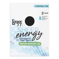L'eggs Sheer Energy Medium Leg Support Control Top Tights 2 Pairs Off Black Sz Q