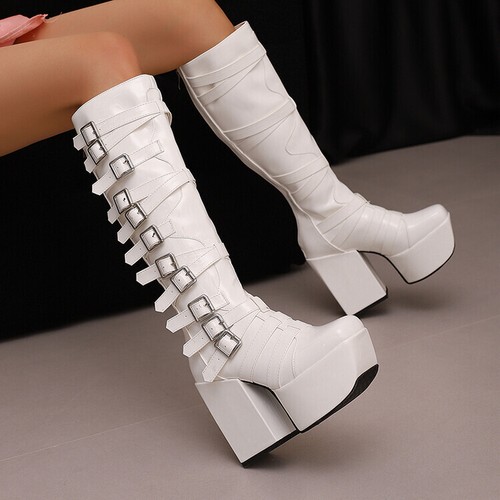 Punk Women Lace Up Combat Rock Platform High Block Heels Ridding Knee High Boots - Picture 16 of 19