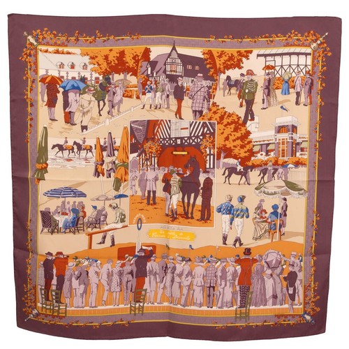 67517 auth HERMES eggplant silk UN SIECLE DE COURSES A DEAUVILLE 90 Twill Scarf