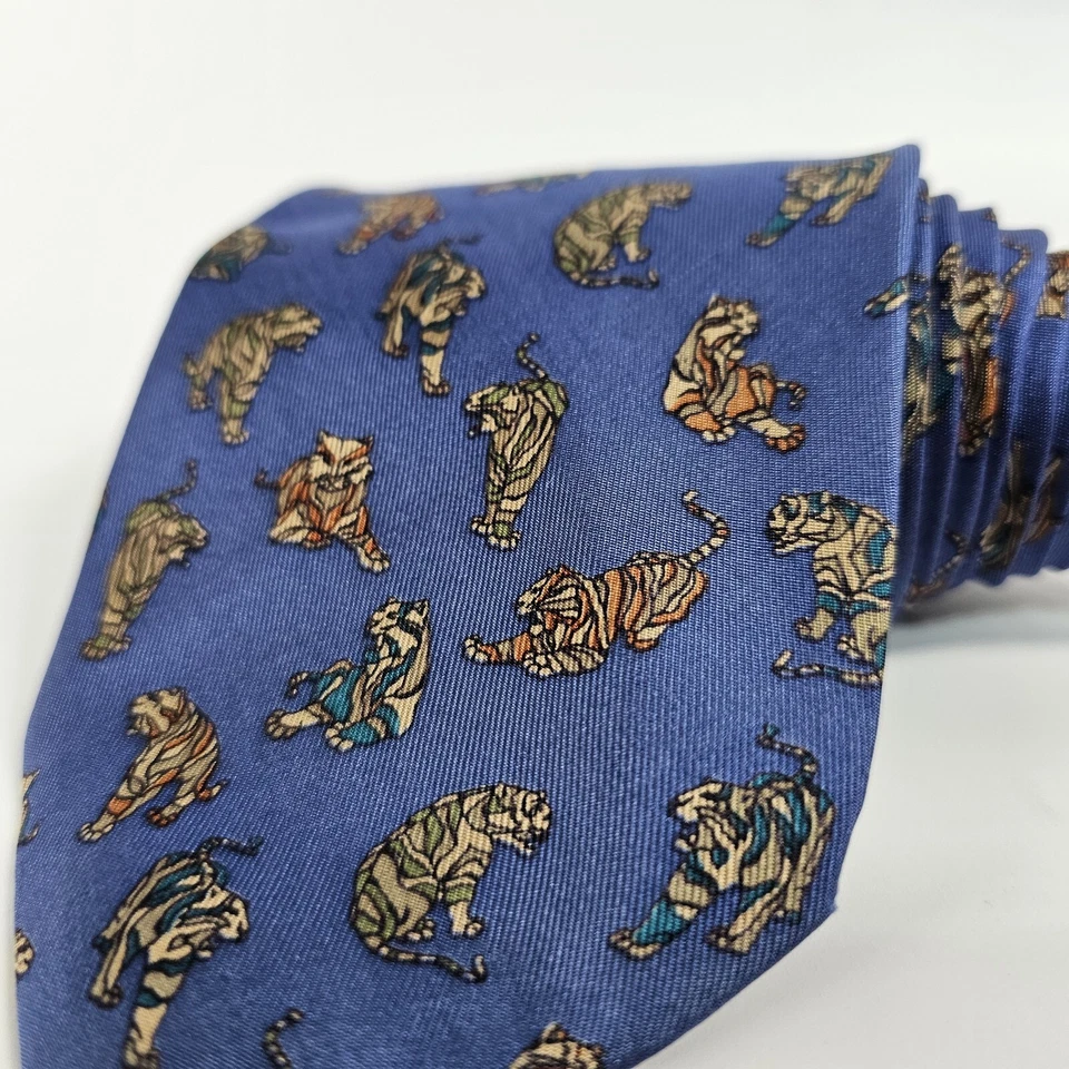 Corbata Salvatore Ferragamo Tigre de Bengala Azul Verde Naranja Raya Blanca Vida Silvestre Foto 3 de 4