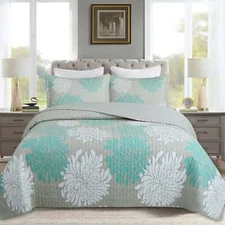 3PCS Printed Mosaic Quilt Set Bedspread Set Cover Set Light Gray-Green Design