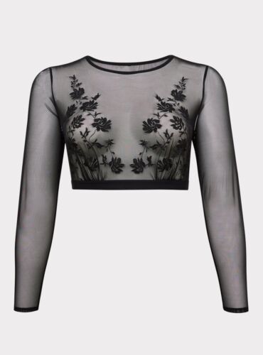 Torrid Black Mesh Embroidered Long Sleeve Under-It-All Crop Top size 00 10 Med - Picture 3 of 3
