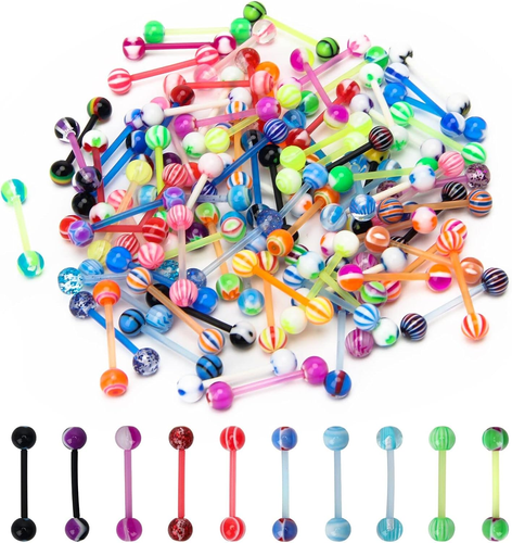 100 14G Acrylic Tongue Rings, Flexible Barbells, Multi-Color Piercing Pack - 第 1/6 張圖片