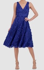 Eliza J Women's Blue 3D Floral V-Neck Sleeveless Midi Dress Petite Size 2P