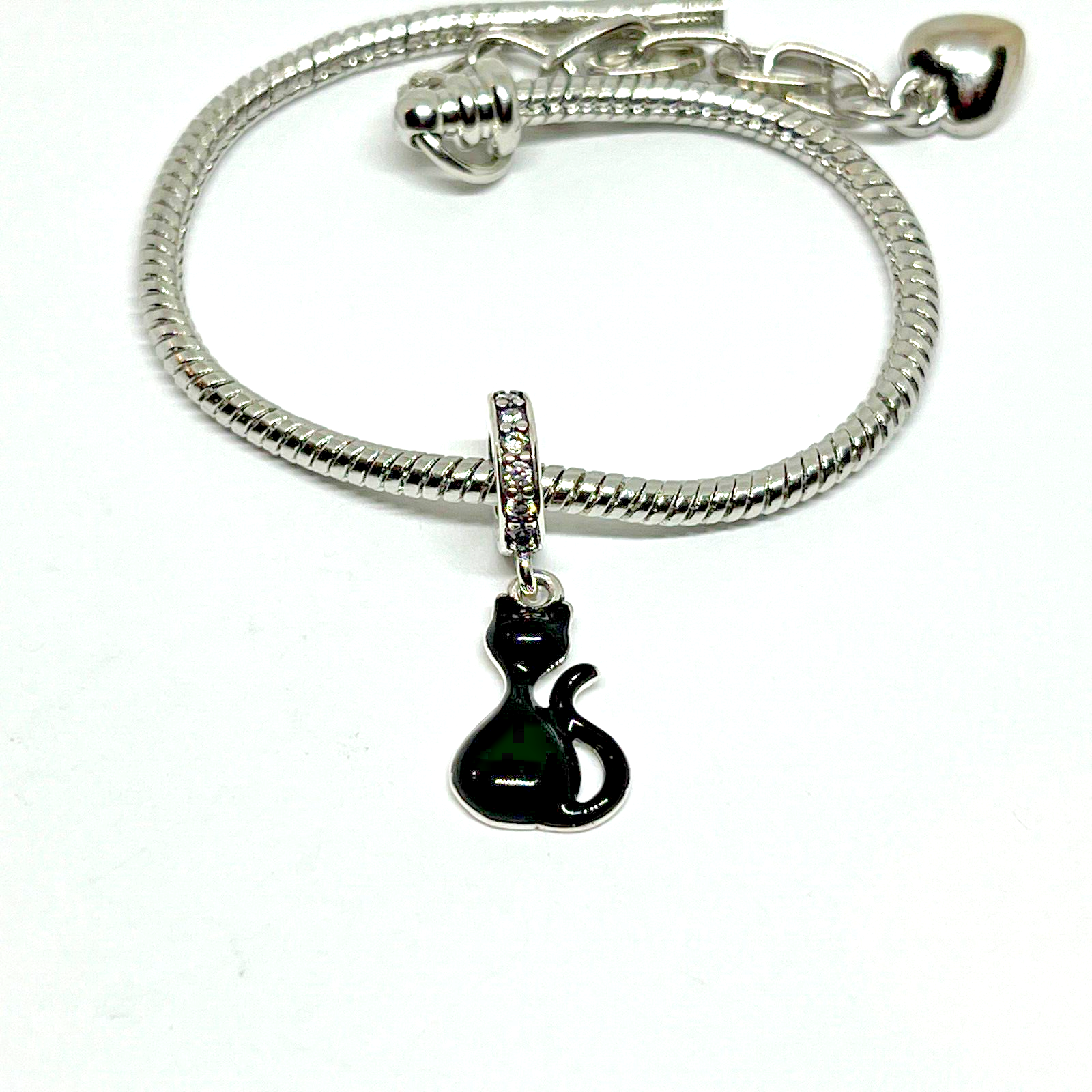 Sparkly Silver Black Cat Charm for European Bracelet Cat Lovers