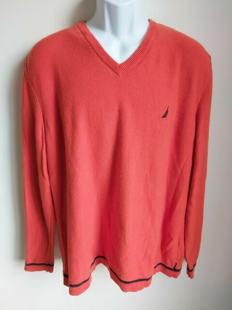 Nautica orange V neck cotton pullover sweater mens XL