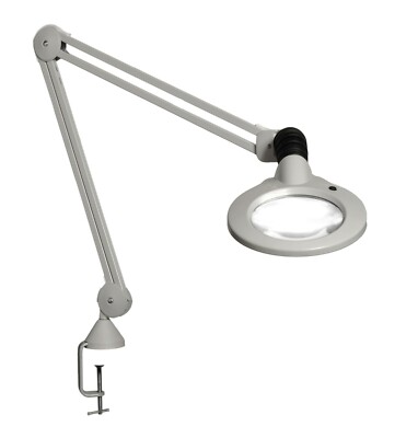 18113LG Luxo KFM LED Magnifier, 45'' Arm, 3-D Lens & Edge Clamp, Light Grey