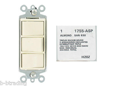 Leviton 1755-ASP ALMOND Decora Triple Rocker Light Switch 15A 120V Single Pole
