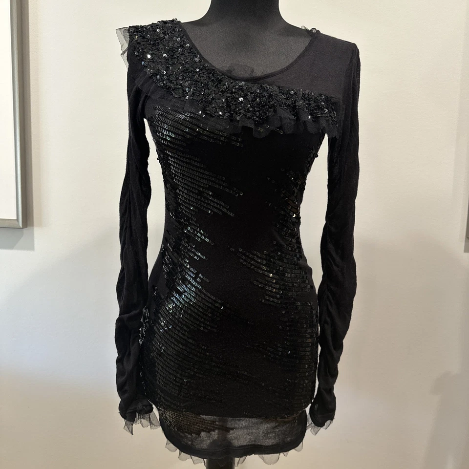 Mini Vestido Rojo Valentino Talla S Negro Lentejuelas Tul Cóctel Transparente Fiesta Hada Foto 2 de 4