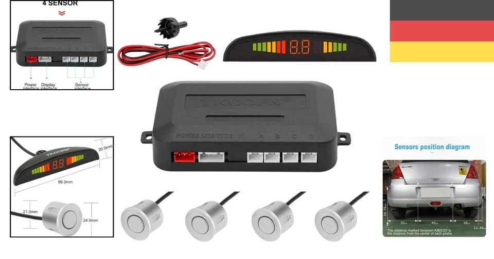KFZ Rückfahrhilfe, Parksensor, 4 Sensoren, LED Display, Silber, Auto Zubehör - Bild 2 von 4