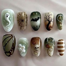 24Pcs Halloween Press on Nails Short Almond Fake Nails with 3D Cute Ghost Flower