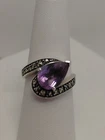 Vintage Sterling Silver Tear Drop Shaped Amethyst Marcasite Accents Size 7