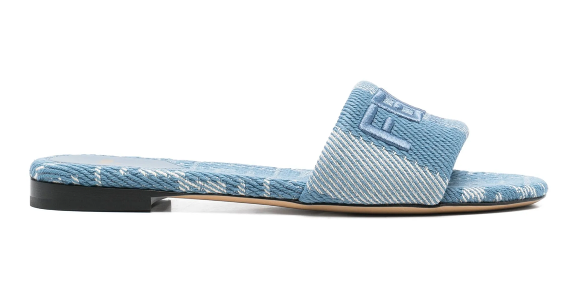Fendi Sunshine Blue Denim Striped FF Monogram Logo Mule Slide Flat