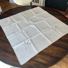Hand Embroidered Cut Out Square Tablecloth Table Topper Linen Taupe