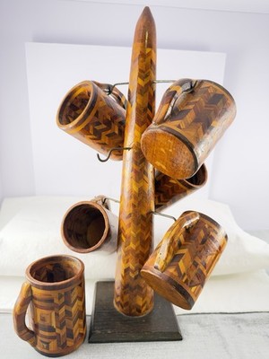 Unique Segmented Wood Turning Mug Tree & Mugs Artisan Herringbone Art Decor Rare