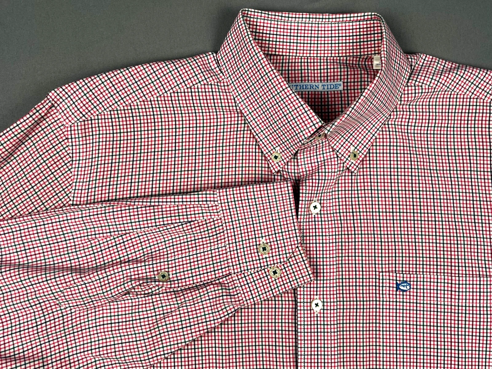 Southern Tide Long Sleeve Button-up, Red Green White Plaid, Men's Large
