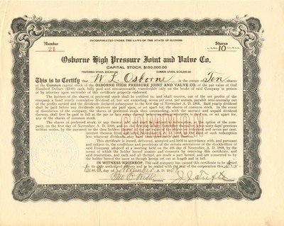 Osborne High Pressure Joint and Valve Co. - Stock Certificate - General Stocks