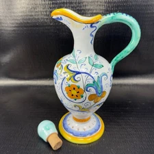 Vintage Hand Made Italian Deruta Pottery Jug Pitcher Decanter Pitcher W Stopper