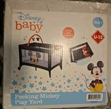 Disney Peeking Mickey Play Yard Full Size Bassinet with Toy Bar and Mesh Sides