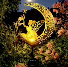 Solar Fairy Moon Garden Statue LED Light Stake Outdoor Patio Lawn Yard Decor Gif