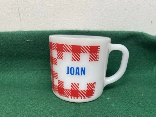 VTG Westfield Federal Milk Glass Name JOAN Mug Red White Plaid Coffee Cup/Mug