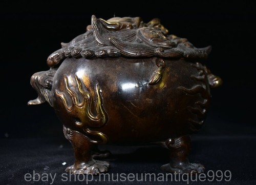 6.4" Old Chinese Copper Bronze Gilt Dynasty Lion Beast censer incense burner - Picture 5 of 8