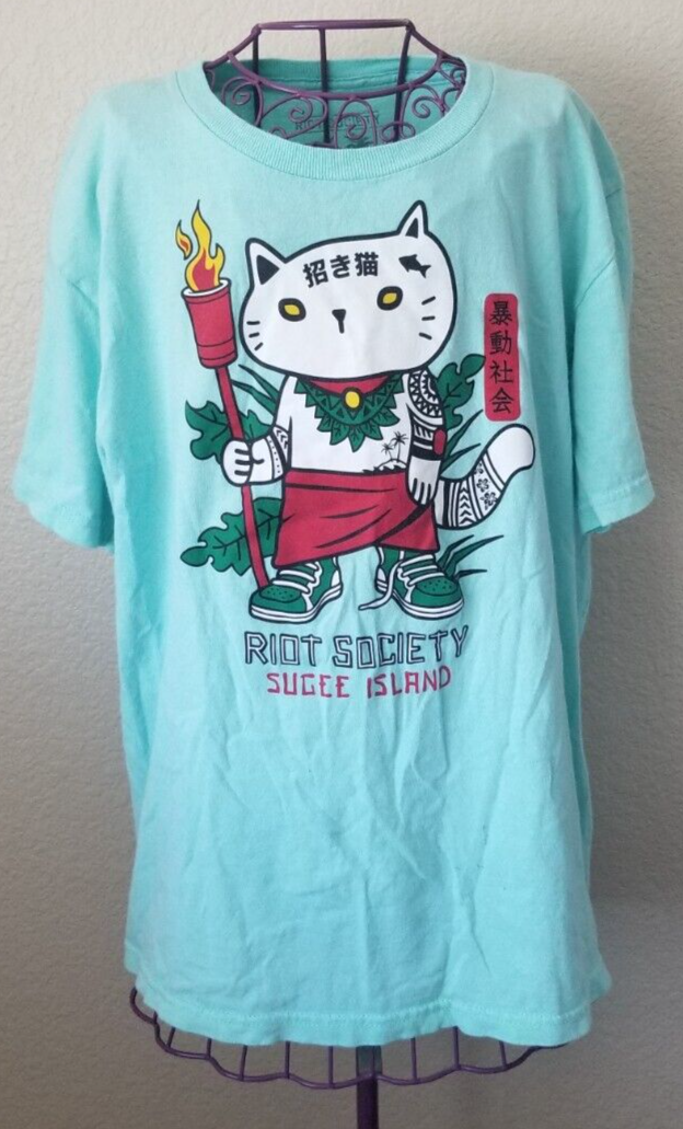 Riot Society Sugee Island Lucky Cat Mint Pastel Green T Shirt-Size