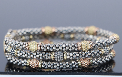 Lagos Caviar Silver 18k Yellow Rose Gold Three Strand Beaded Station Bracelet
