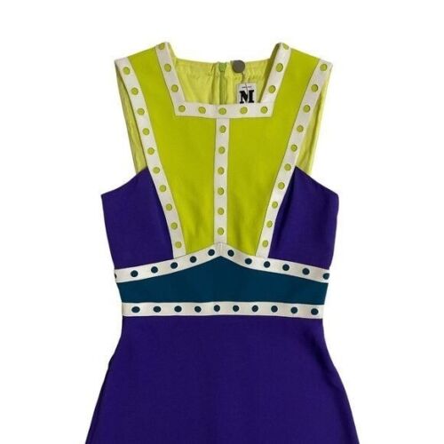 M Missoni Mini Skater Dress Neon Yellow Purple Leather Trim 36 IT 2 US NWT - Picture 3 of 12