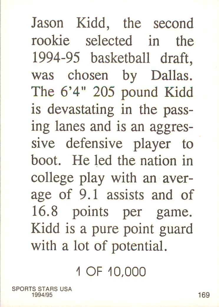 JASON KIDD 1994-95 Sports Stars PROMO ROOKIE RC /10,000