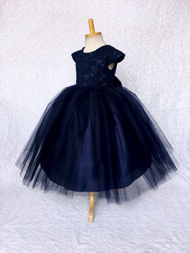 Navy Blue Cap Sleeve French Lace 3 Layer Tulle Dress Wedding Birthday Graduation - Picture 4 of 10