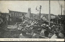 Postcard 'Granite Hall, corner Broadway and 4th Street, Dynamite to check fire'