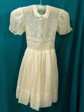 Vintage girls white ivory organza chiffon embroidered party dress 1940s 1950s