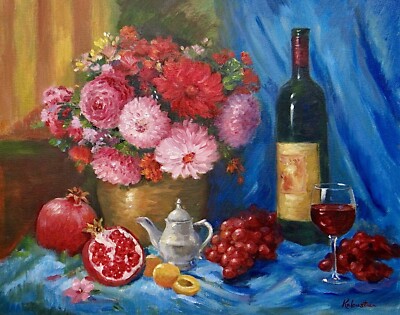 Armenian Still Life Wine Pomegranate Fruit Original Oil Painting Kaloustian Art