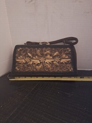 Vtg 50s CARON OF HOUSTON TEXAS HAND CRAFTED Black Floral PURSE Evening Party