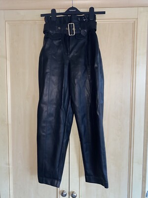 RIVER ISLAND BLACK FAUX LEATHER BELTED PAPERBAG TROUSERS SIZE REGULAR  UK