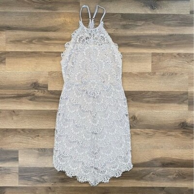 knee length dresses for ladies Self-Portrait Herringbone Lace Bib Mini Dress in Grey. Size US 2/ UK 6 main image 1