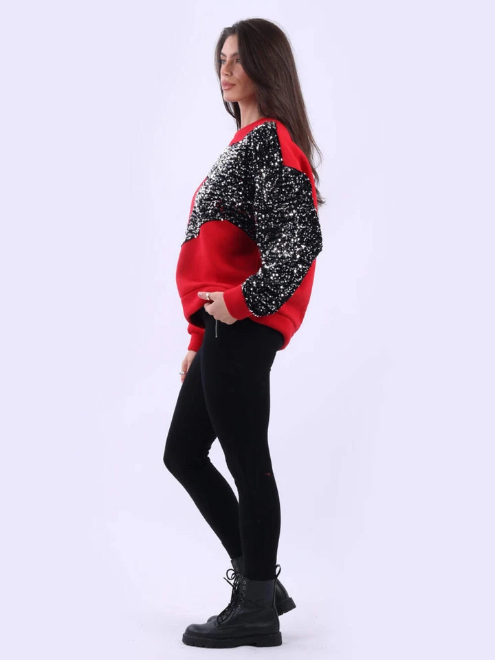 Ladies Sequin Star Arm Sweatshirt Women Lagenlook Crop Boxy Fleece Top One Size - Image 2 of 4