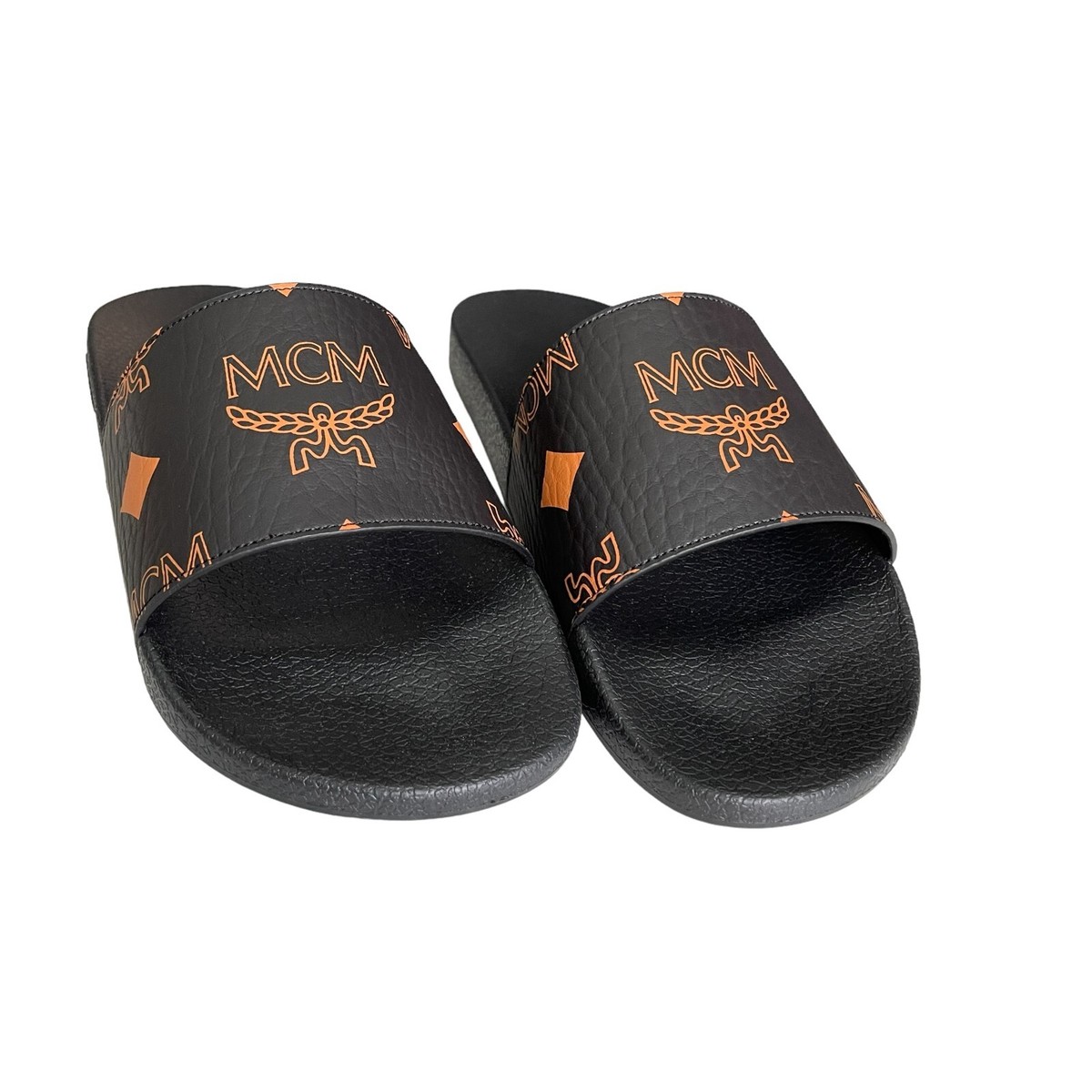 MCM Mens Black Visetos Print Leather Slides Slippers, MEX