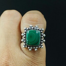 Natural Malachite Cushion Gemstone 925 Sterling Silver Ring Size-7 US