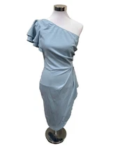 Women Elegant One Shoulder Cocktail Dress Ruffle Sleeve Wrap Ruched  Blue Medium